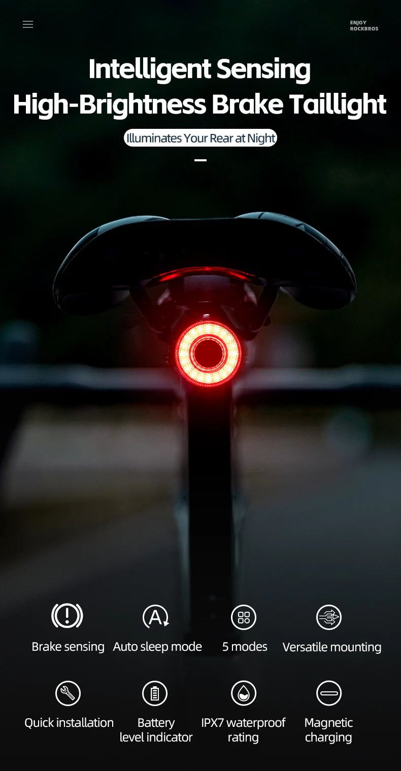 ROCKBROS Smart Bike Tail Light Bicycle Rear Lights IPX6 Waterproof Bike Lights for Night Riding with Type C Rechargeable