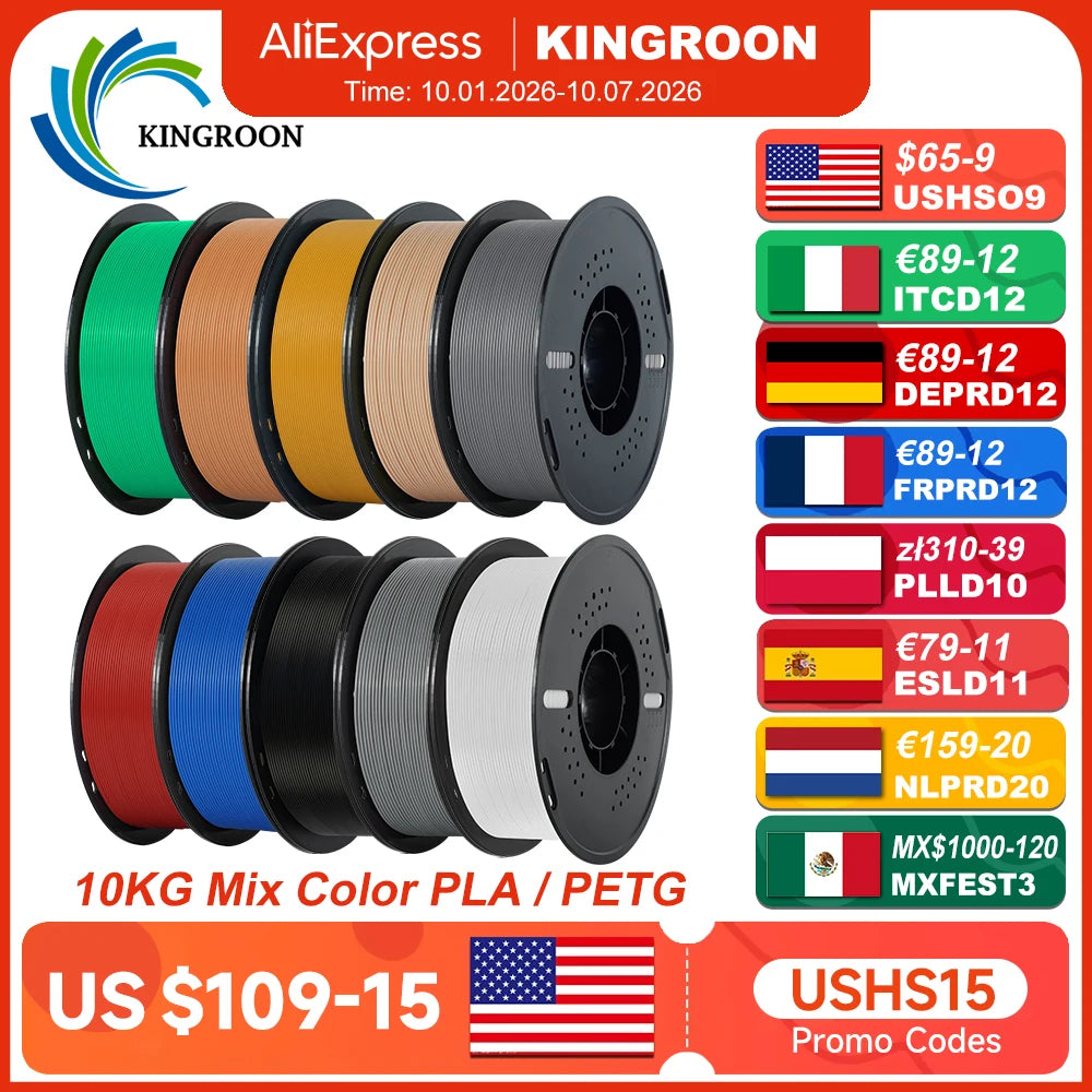 KINGROON 22LBS PETG or PLA Filament 3D Printer Filament 10 Rolls 1KG 1.75MM Eco-Friendly Good Toughness Mix Color Free Shipping