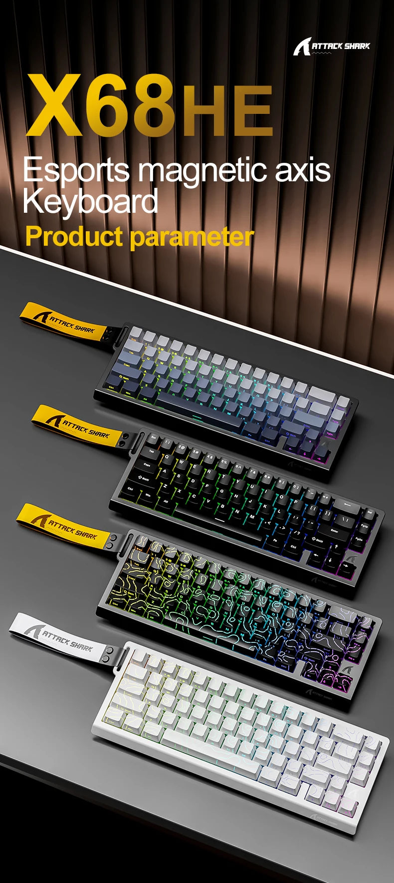 ATTACK SHARK X68HE Keyboard, PBT Double-Shot, RGB, 0.01mm, Baiyu Magnetic Switches,