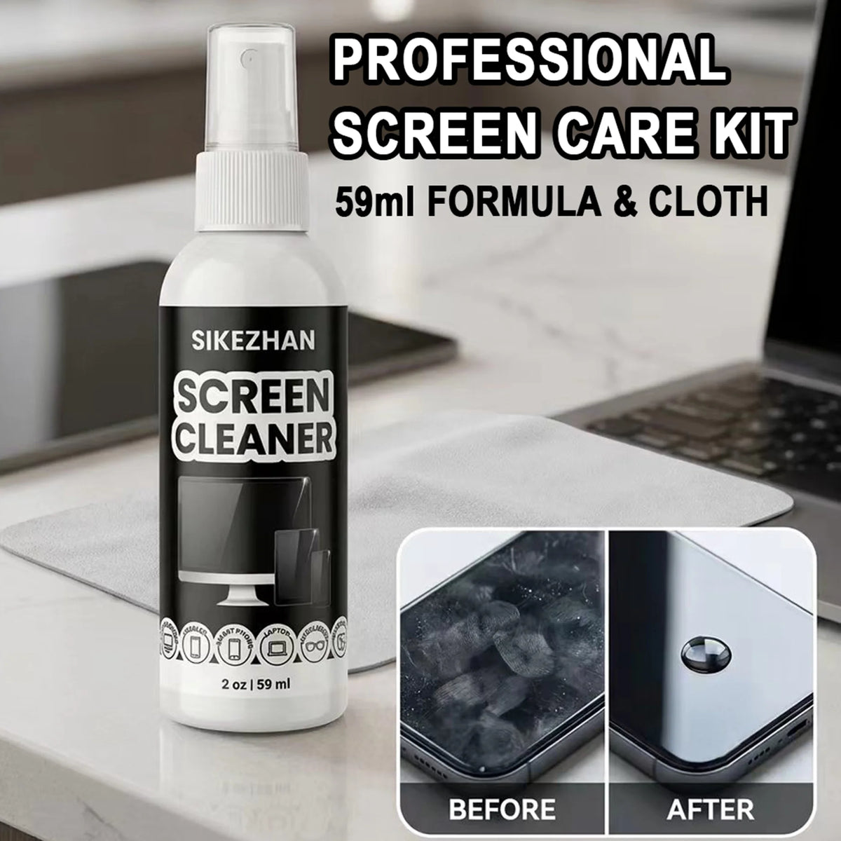 SIKEZHAN Screen Cleaner Spray 59ml with Cloth for Phone Laptop Monitor TV Glasses Tablet Dust Fingerprint Mist Cleaning Kit