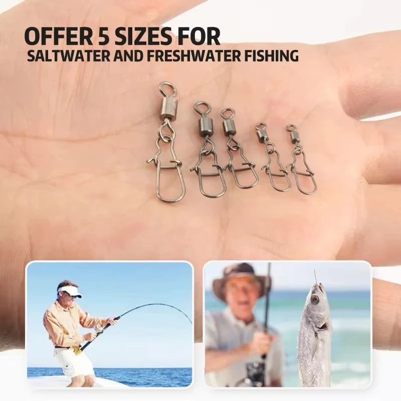 50pcs/Box Fishing Connector Swivels Interlock Pin Snap 4# 6# 8# 10# 12# Rolling Swivel Beads for Fishhook Lure Fishing Accessory