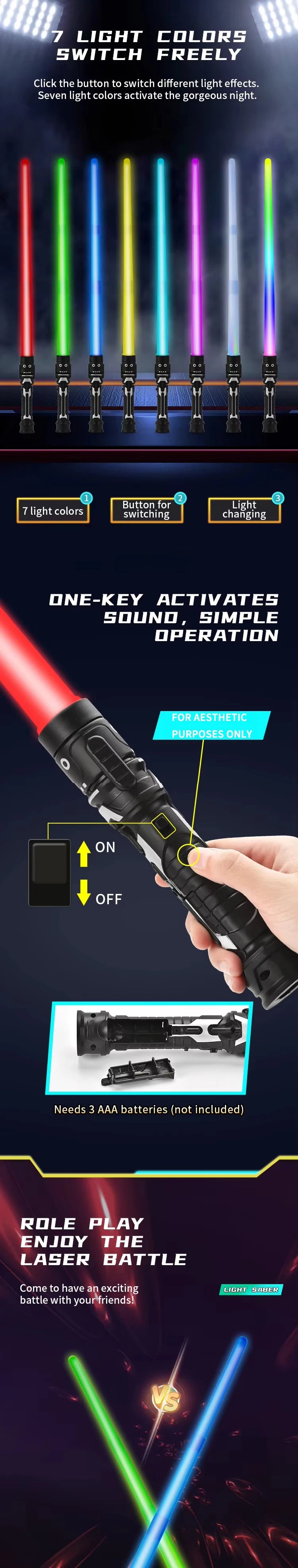 2 in 1 Telescopic Glow Light Sword 7 Color Changing Flashing Stick with Battle Sound Cosplay Party Prop Interactive Play Toy