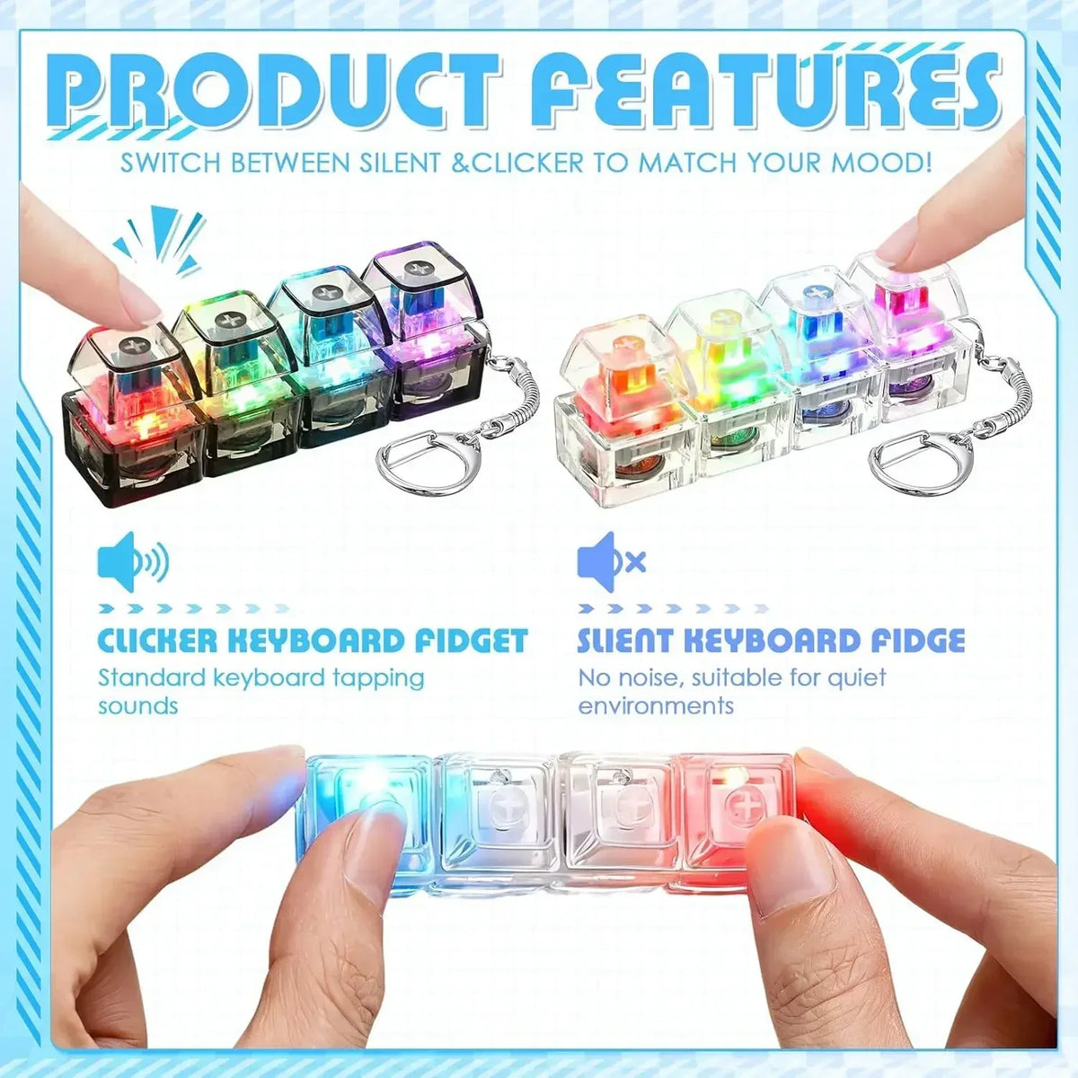 Portable LED Keyboard Keychain Click Button Stress Reliever Cute Desk Accessory for Office Anxiety Relief Fun Gadget Idea Amagi