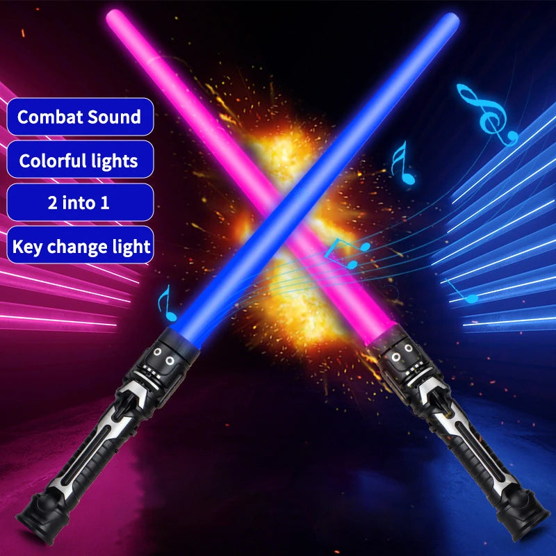 2 in 1 Telescopic Glow Light Sword 7 Color Changing Flashing Stick with Battle Sound Cosplay Party Prop Interactive Play Toy
