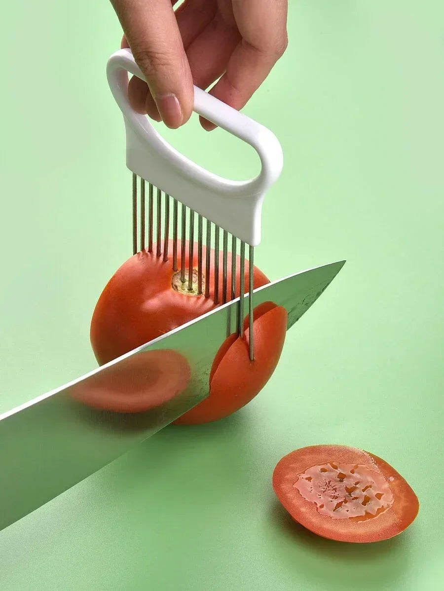 Stainless Steel Onion Cutter Holder Food Slicers Assistant Tomato Onion Slicer Holder Vegetables Cutting Fork Kitchen Gadgets