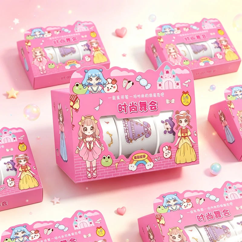 1-4box Cute Princess Dress Up Sticker Girl Cartoon Washi Tape Set Cute Children's Handbook Character Clothes Decoration Sticker