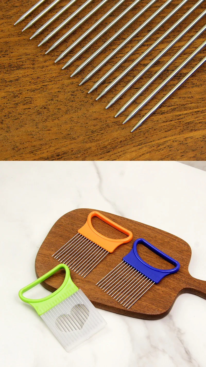 Stainless Steel Onion Cutter Holder Food Slicers Assistant Tomato Onion Slicer Holder Vegetables Cutting Fork Kitchen Gadgets