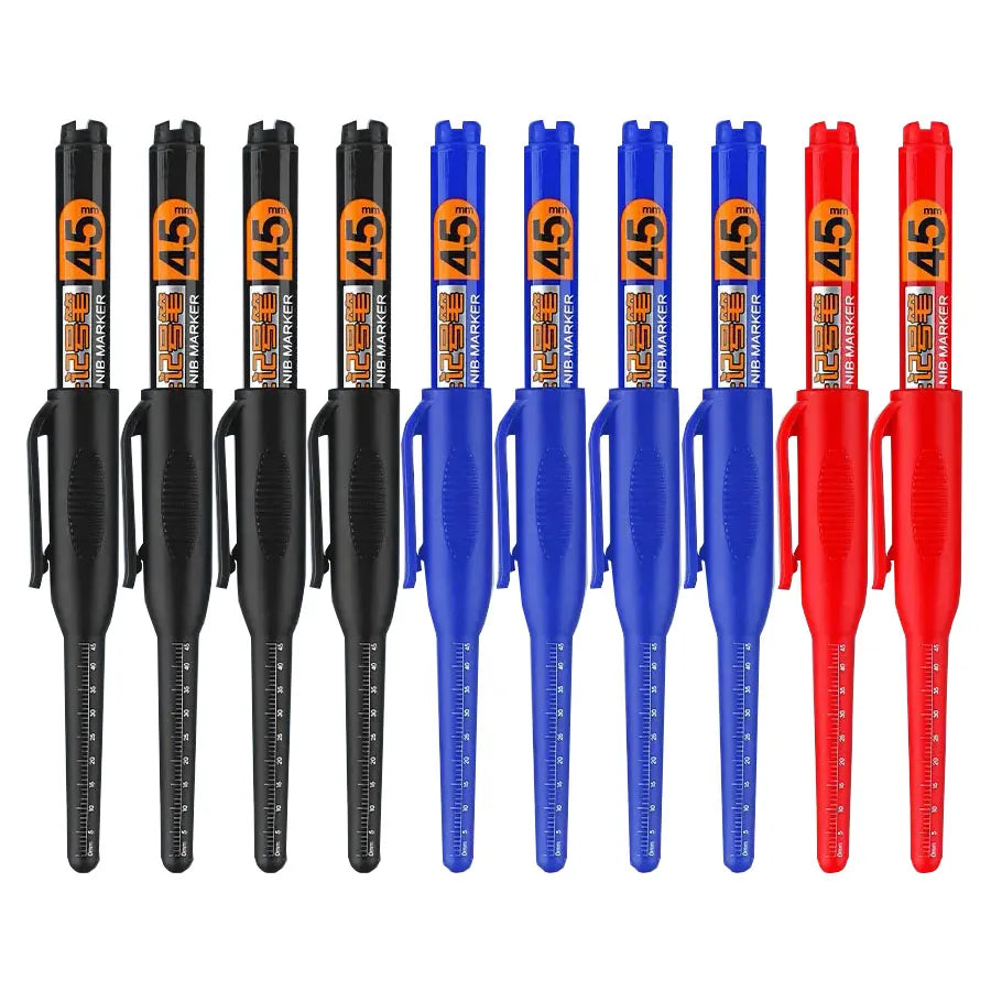 10PCS 45mm Tip Waterproof Long Head Marker Pen Quick-Dry Ink for Woodworking Construction, Deep Hole Non-Toxic Black Red Blue