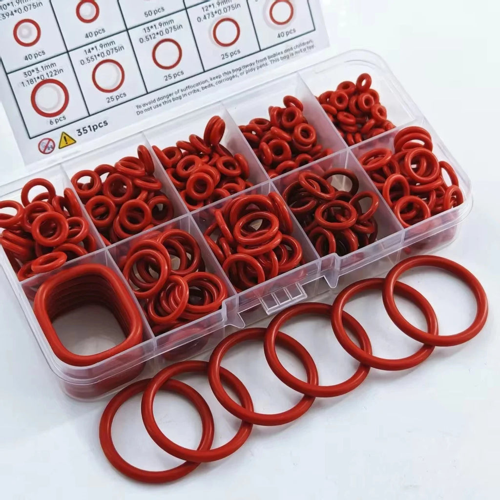 351pcs Silicone O-Ring Set, 10 Sizes, Oil and Heat Resistant, Suitable for Cars and Pipelines