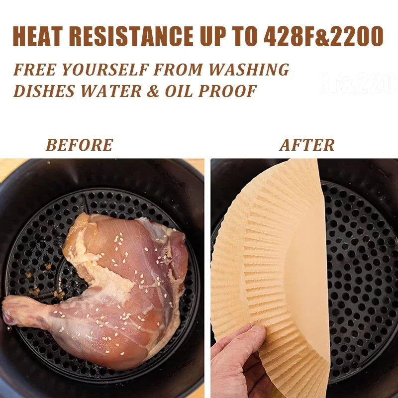 🍟 Papel Desechable Antiadherente para Freidora de Aire | 🧁 Moldes Redondos para Hornear | 🔥 Resistentes a la Grasa | 📦 Paquetes de 50 o 100 Piezas