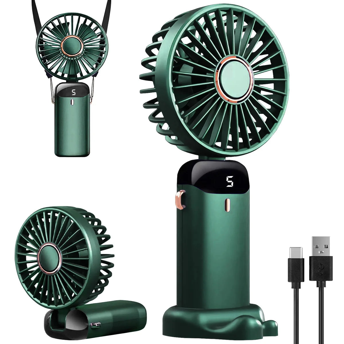 🌬️ Ventilador Portátil Recargable USB Plegable 🔋 5 Velocidades | 📱 Soporte para Celular | 🔢 Pantalla Digital | 🎒 Diseño de Mano y Colgante para el Cuello