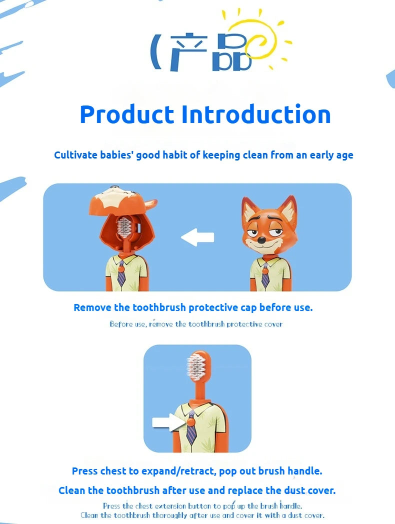 Cartoon Zootopia 2 Kids Toothbrush Transformable Retractable Soft Bristle Nick Judy Portable Design For Toddlers Oral Care Brush