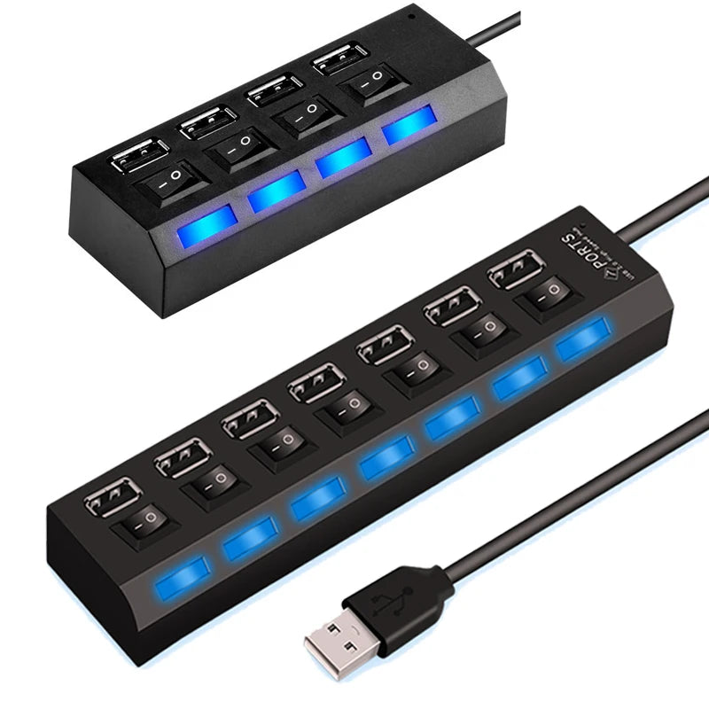 High Speed 4/7 Ports USB HUB 2.0 Adapter Expander Multi USB Splitter Multiple Extender with LED Lamp Switch for PC Laptop