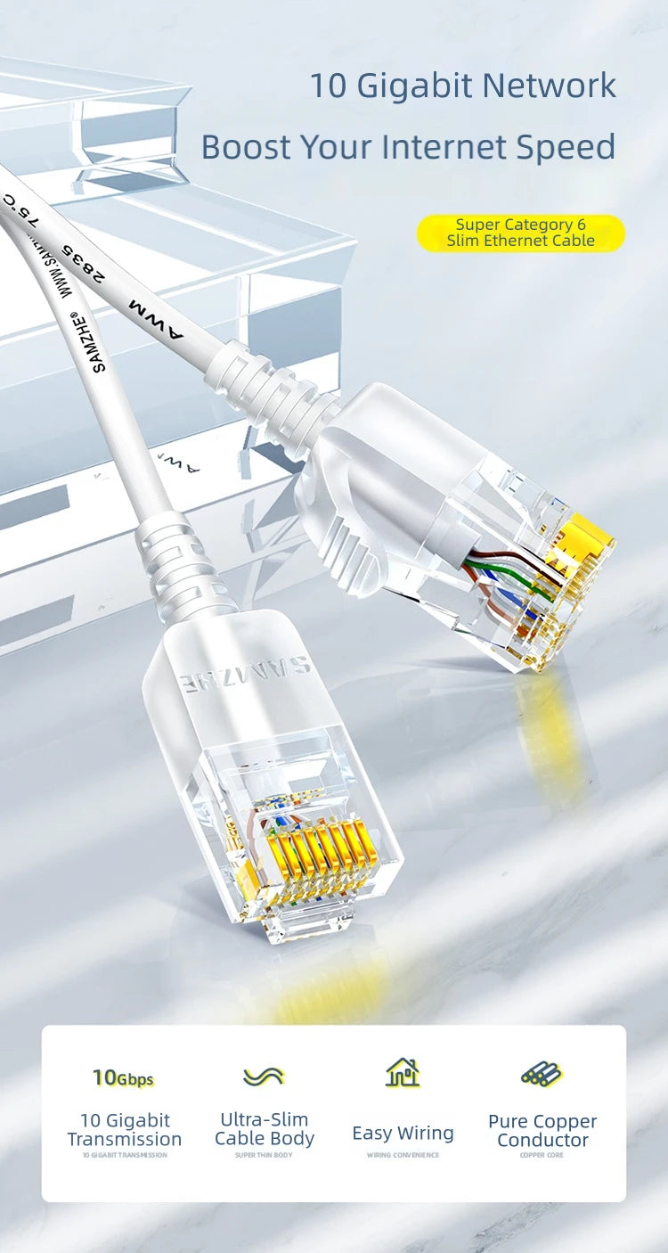 SAMZHE Slim Cat6A RJ45 Internet Cable High Speed 10Gbps 31AWG Pure Copper Wire Core Network LAN Computer Patch Cable For PC