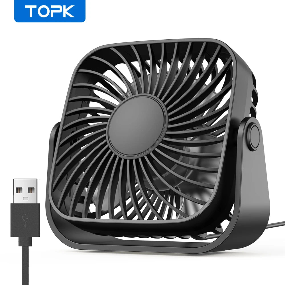 TOPK 4-Inch USB Mini Portable Fan for Camping, 3 Speeds Quiet Desk Table Personal Fan, 360° Adjustment Standing Fans for Room Home