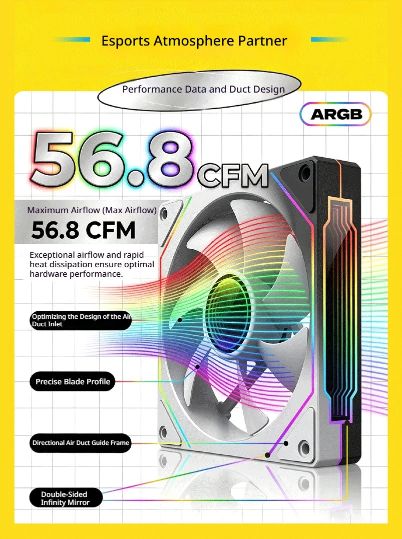 Veebyte PRISM 4 PRO Computer Chassis Fan 120mm 5V 3PIN ARGB 4 Pin PWM Quiet Cooling Fan 12V Large Air Volume 45.2CFM/600-1500RPM