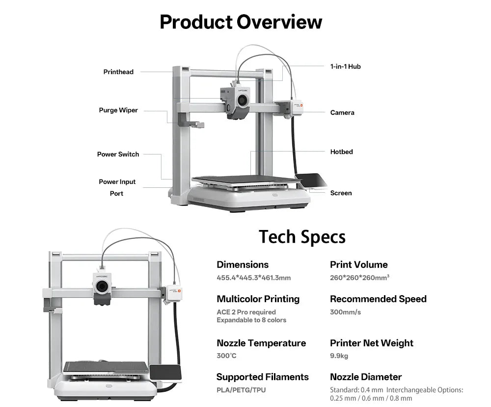 ANYCUBIC Kobra 4/Kobra 4 Combo 600mm/s Fast Printing Multi-Color 3D Printer Up to 8 Colors ACE 2 Pro Filament Drying APP Control FDM 3D Printer