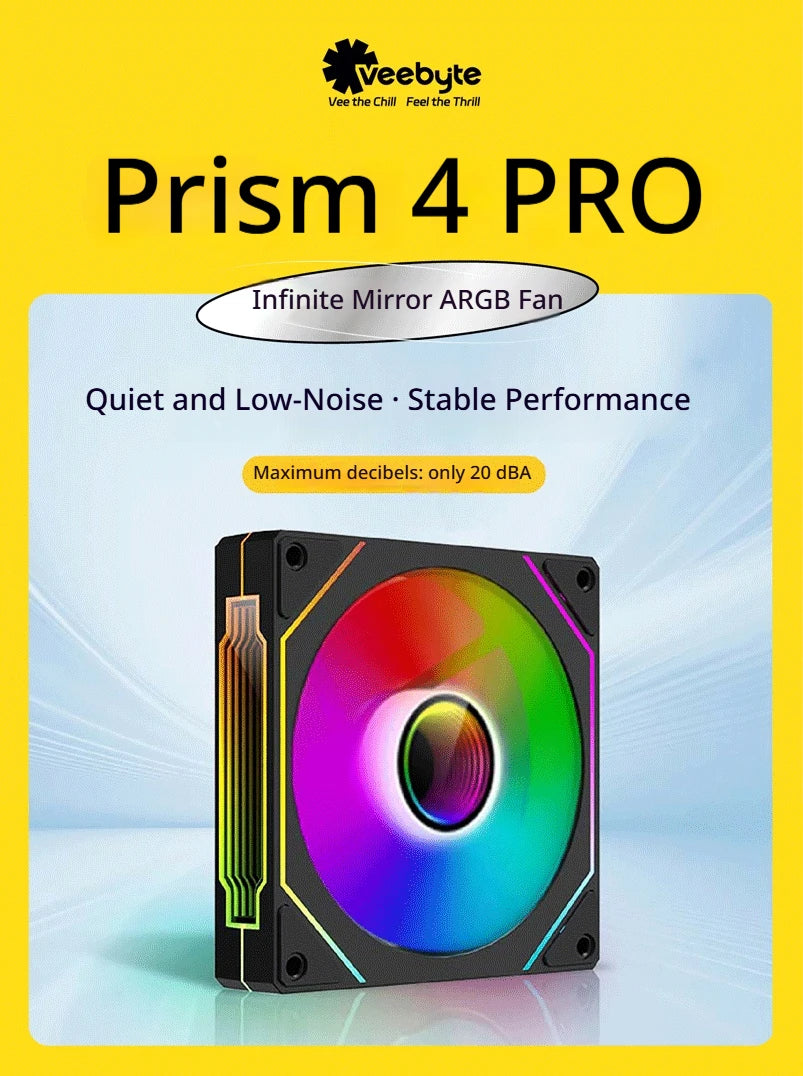 Veebyte PRISM 4 PRO Computer Chassis Fan 120mm 5V 3PIN ARGB 4 Pin PWM Quiet Cooling Fan 12V Large Air Volume 45.2CFM/600-1500RPM