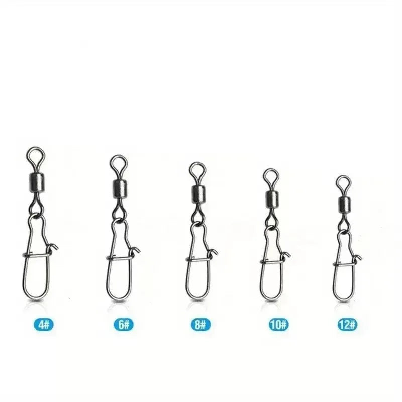 50pcs/Box Fishing Connector Swivels Interlock Pin Snap 4# 6# 8# 10# 12# Rolling Swivel Beads for Fishhook Lure Fishing Accessory