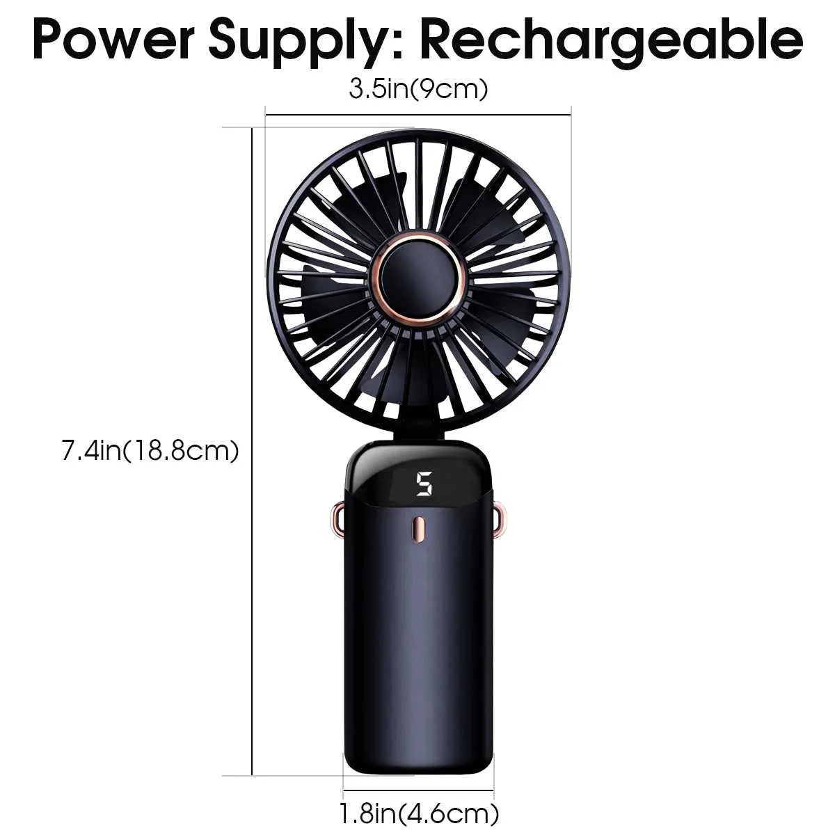 🌬️ Ventilador Portátil Recargable USB Plegable 🔋 5 Velocidades | 📱 Soporte para Celular | 🔢 Pantalla Digital | 🎒 Diseño de Mano y Colgante para el Cuello