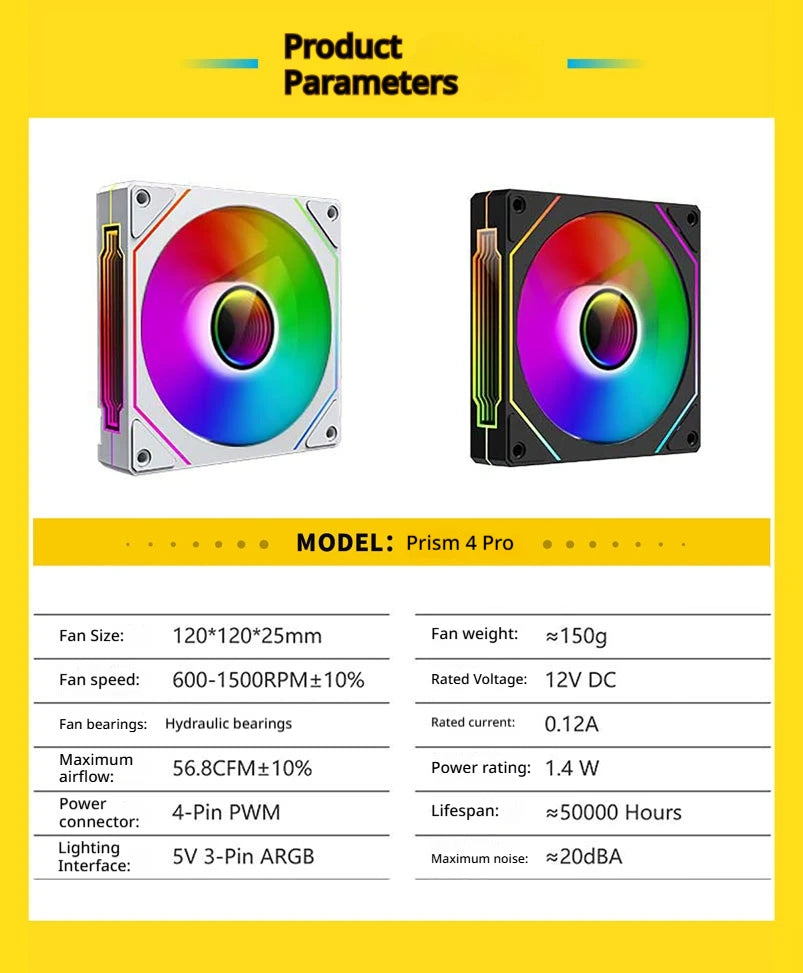 Veebyte PRISM 4 PRO Computer Chassis Fan 120mm 5V 3PIN ARGB 4 Pin PWM Quiet Cooling Fan 12V Large Air Volume 45.2CFM/600-1500RPM
