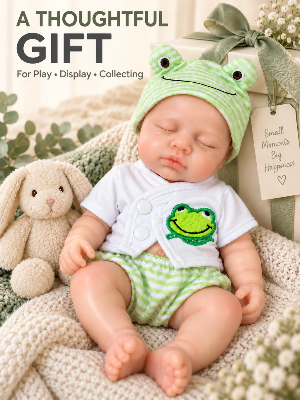 12 Inch Lifelike Sleeping RebornSilicone Baby Doll Cute Frog Outfit Realistic Newborn Doll Collectible Toy Gift