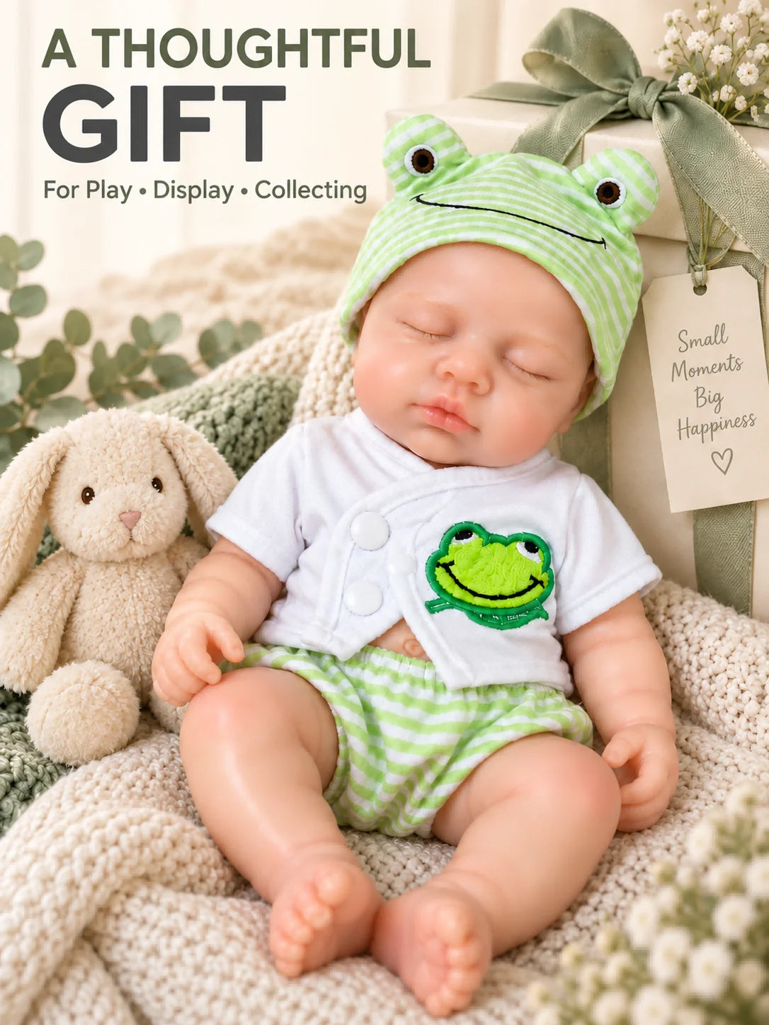 12 Inch Lifelike Sleeping RebornSilicone Baby Doll Cute Frog Outfit Realistic Newborn Doll Collectible Toy Gift