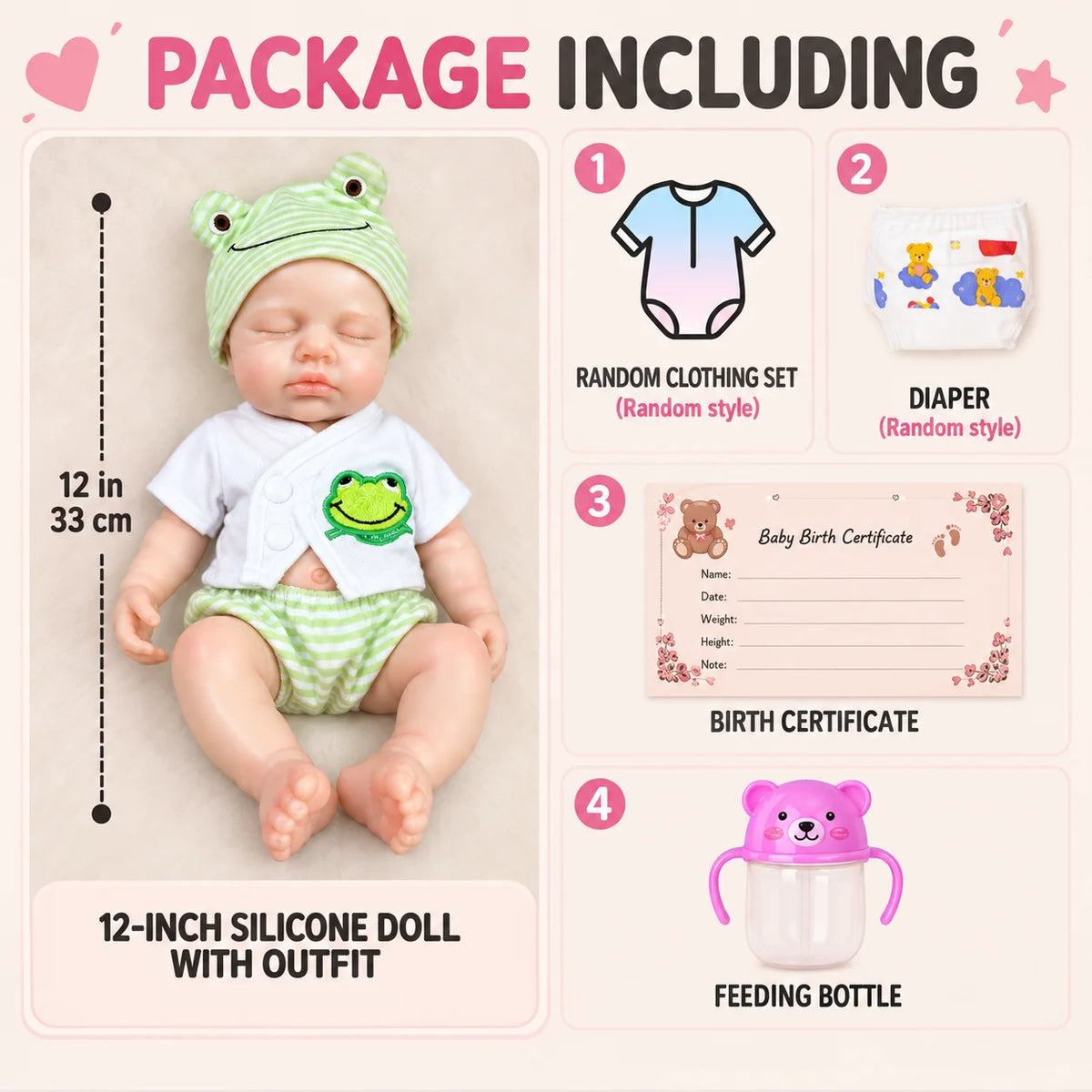 12 Inch Lifelike Sleeping RebornSilicone Baby Doll Cute Frog Outfit Realistic Newborn Doll Collectible Toy Gift