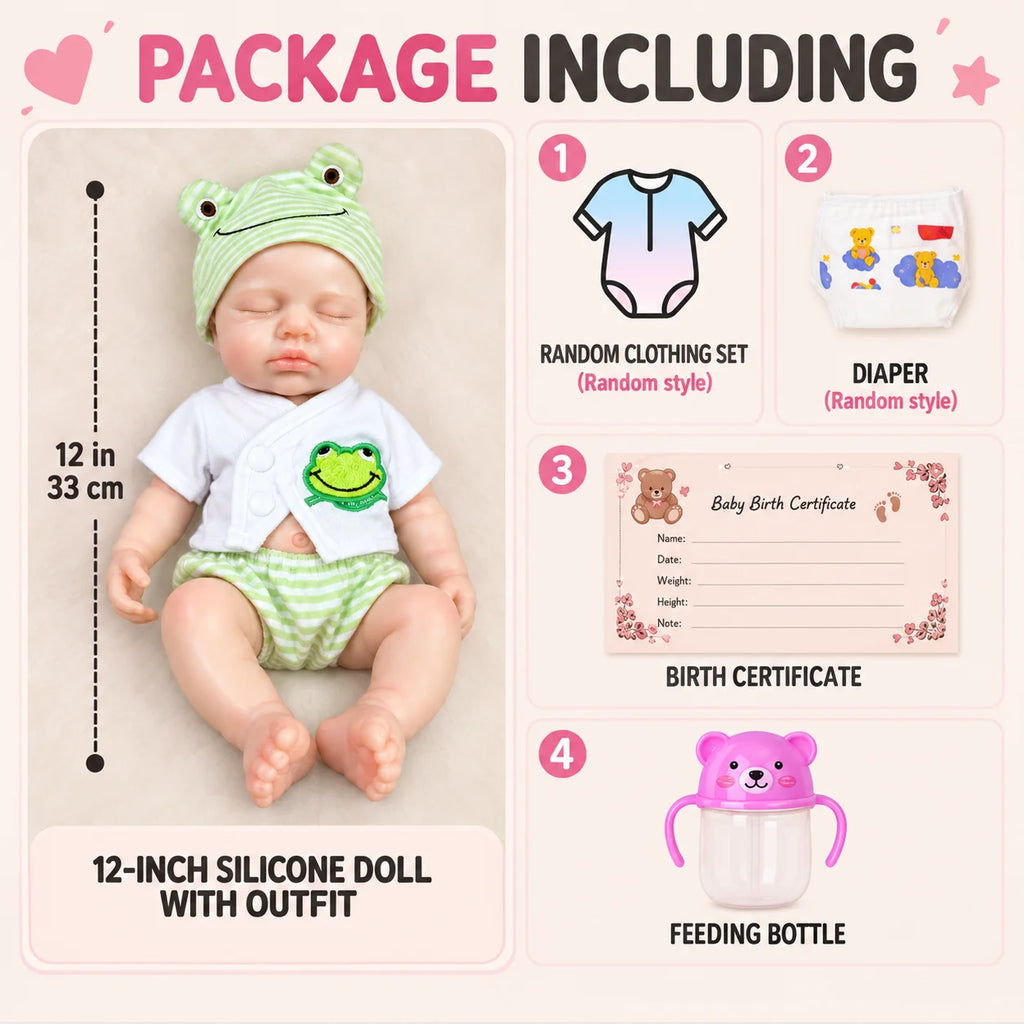 12 Inch Lifelike Sleeping RebornSilicone Baby Doll Cute Frog Outfit Realistic Newborn Doll Collectible Toy Gift