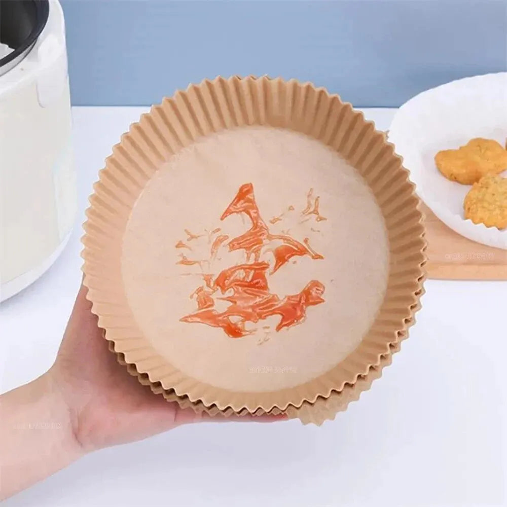 🍟 Papel Desechable Antiadherente para Freidora de Aire | 🧁 Moldes Redondos para Hornear | 🔥 Resistentes a la Grasa | 📦 Paquetes de 50 o 100 Piezas