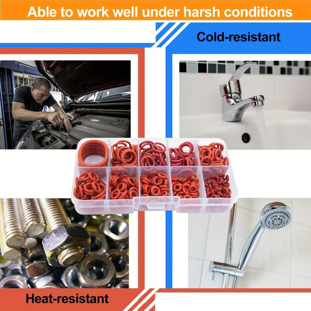 351pcs Silicone O-Ring Set, 10 Sizes, Oil and Heat Resistant, Suitable for Cars and Pipelines