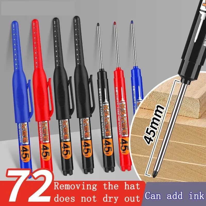10PCS 45mm Tip Waterproof Long Head Marker Pen Quick-Dry Ink for Woodworking Construction, Deep Hole Non-Toxic Black Red Blue