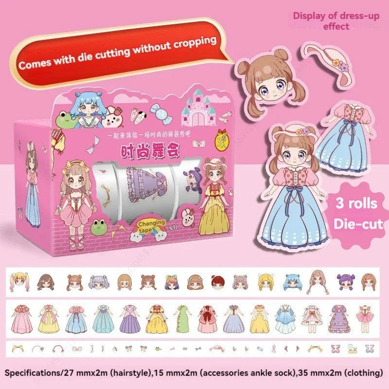 1-4box Cute Princess Dress Up Sticker Girl Cartoon Washi Tape Set Cute Children's Handbook Character Clothes Decoration Sticker