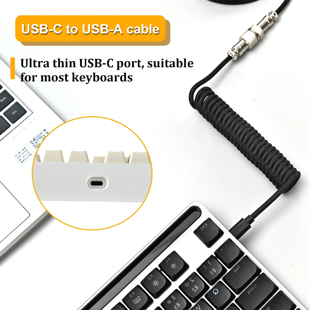 Coiled Keyboard Cable Type C To USB-A Mechanical Keyboard Cable Detachable Metal Aviator Double Sleeved Wire For Gaming Keyboard