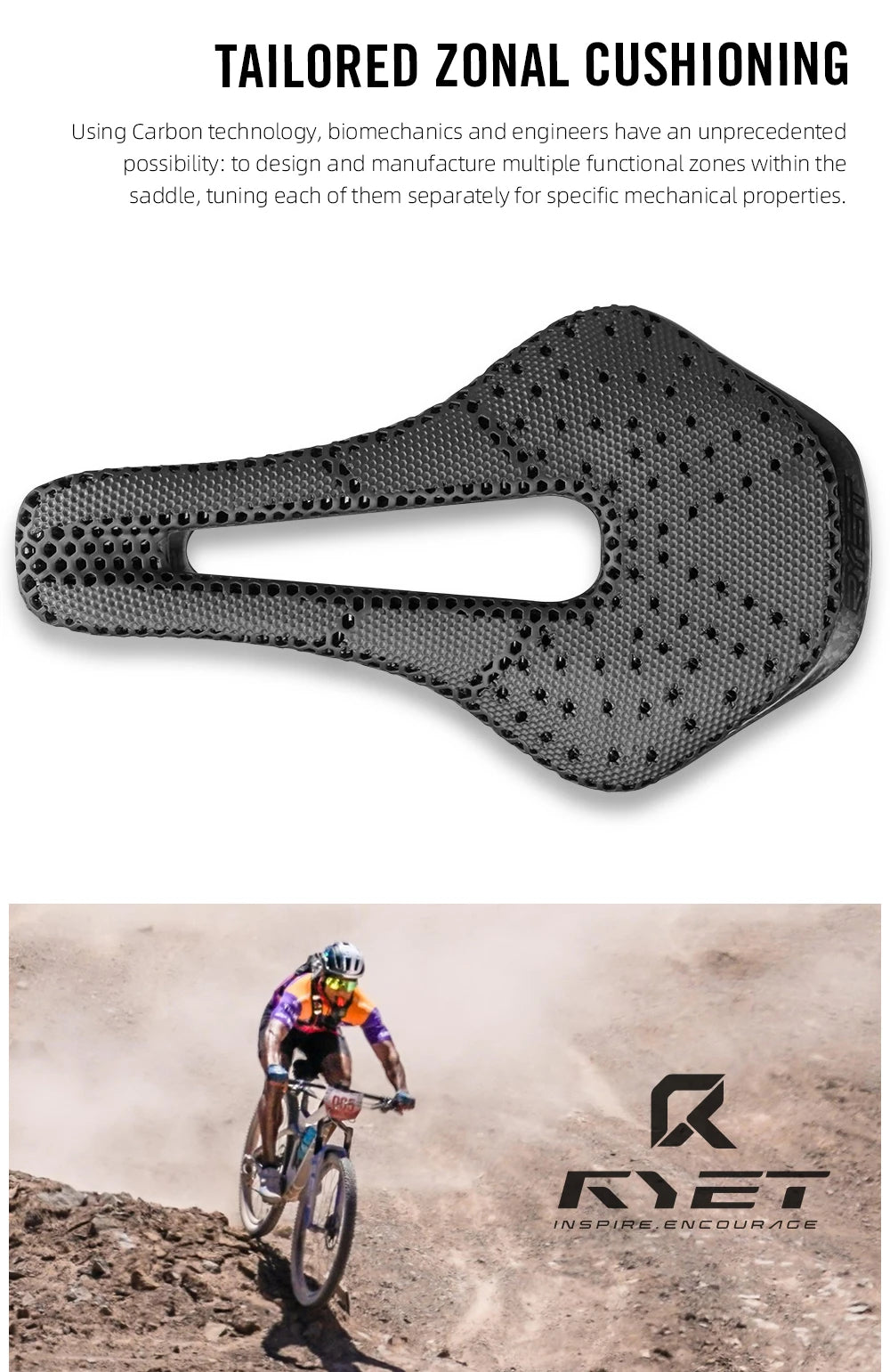 RYET 3D Printed Bike Saddle Ultralight Carbon Fiber Hollow Comfortable Breathable MTB Gravel Road Bicycle Cycling Seating Parts
