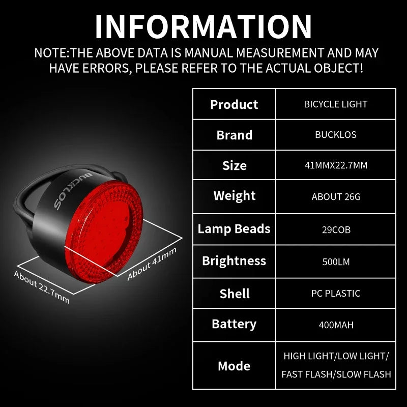 BUCKLOS Bicycle COB Light Set USB Charging High Visibility Taillight 500lm MTB Road Bike Light Lamp Cycling Accessories