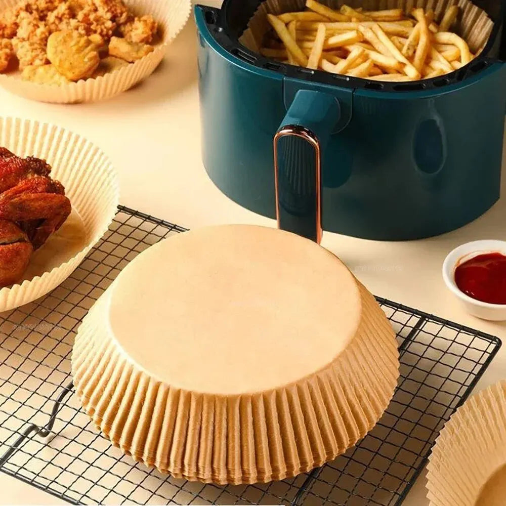 🍟 Papel Desechable Antiadherente para Freidora de Aire | 🧁 Moldes Redondos para Hornear | 🔥 Resistentes a la Grasa | 📦 Paquetes de 50 o 100 Piezas