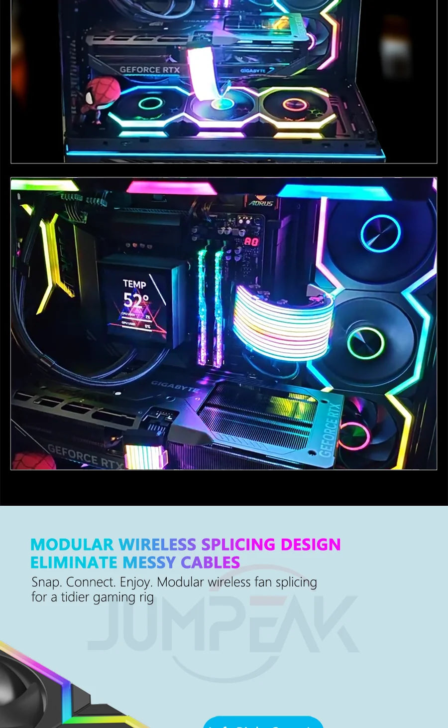 JUMPEAK HS120 Halo ARGB Cooling Fan 360mm 240mm Modular Stackable Splicing 120mm RGB Fans Kit For Gaming PC Case Water Cooler