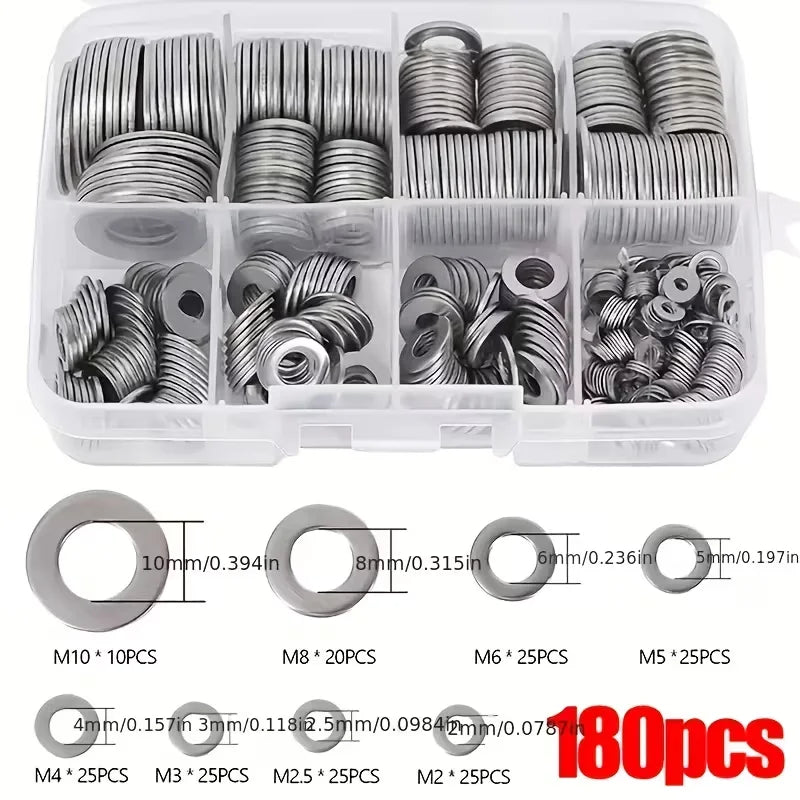 Stainless Steel Flat Washer Assortment Kit (M2, M2.5, M3, M4, M5, M6, M8, M10) - Suitable for Home Decorations& Factory Repairs