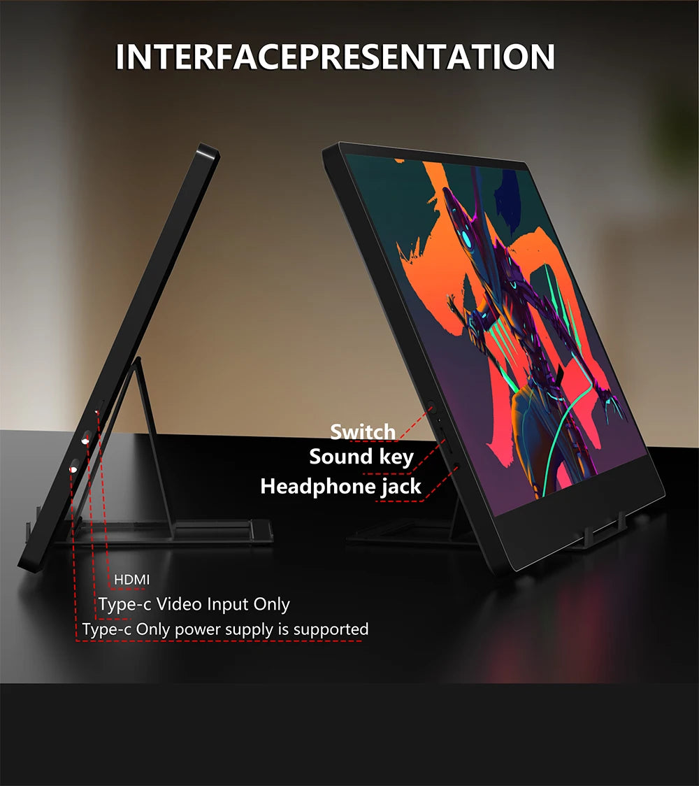 MUCAI N140-S36 Portable Display 14 Inch 60Hz Resolution 1366*768 TN Panel 250cd/㎡ Brightness 3ms Response Portable Monitor