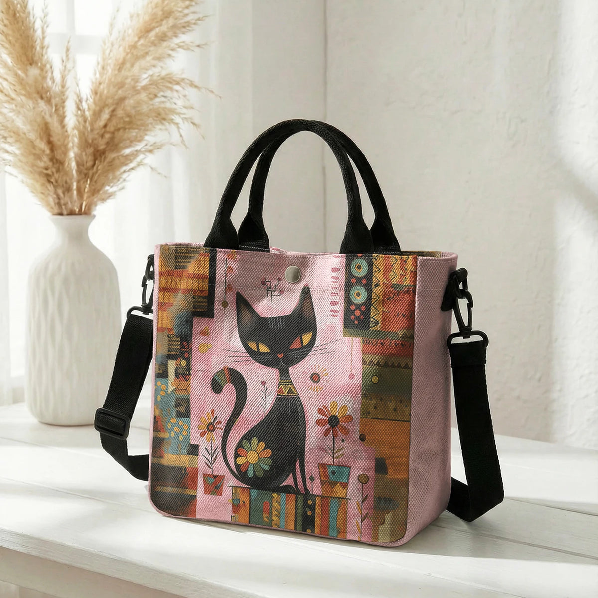👜 Bolso Tote de Gato Artístico con Correa Desmontable 🐈✨