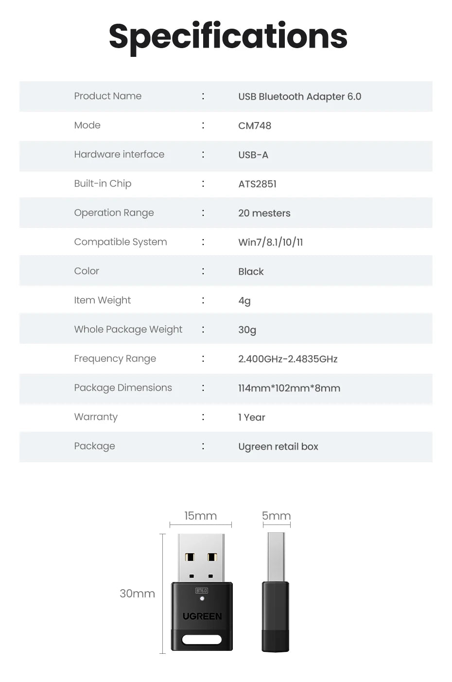 USB Bluetooth Adapter, Bluetooth 6.0 Dongle for PC Windows 11/10/8.1, Receiver & Transmitter for Keyboard/Mouse
