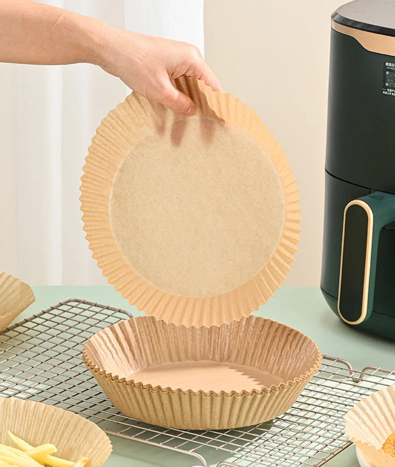 🍟 Papel Desechable Antiadherente para Freidora de Aire | 🧁 Moldes Redondos para Hornear | 🔥 Resistentes a la Grasa | 📦 Paquetes de 50 o 100 Piezas