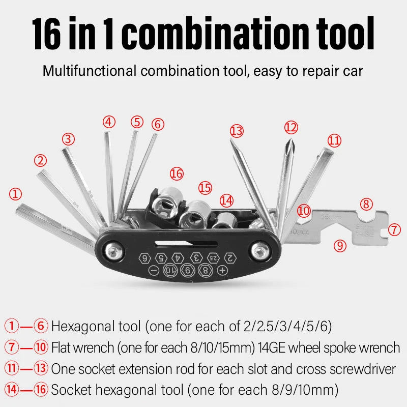 Bicycle Multi-functional Repair Tool 16 in 1 Bike Multi Repair Tools Kit Hex Spoke Wrench Screwdriver for Road Bike Accessories
