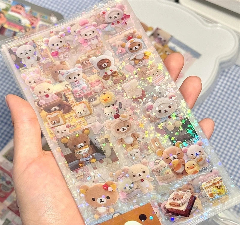 5Sheets Cartoon Rilakkuma Cute Stickers Die-cutting Sticker Anime Handbooks Material Flashing Laser Sticker Kids Toy