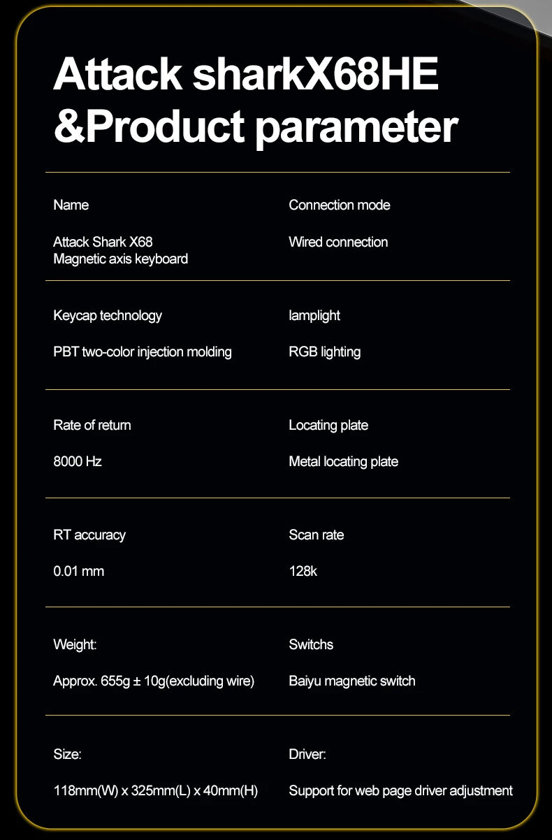 ATTACK SHARK X68HE Mechanical Keyboard Wired 8KHz RGB Backlight 0.01mm Precision 0.125ms Low Latency Magnetic Switch for Windows