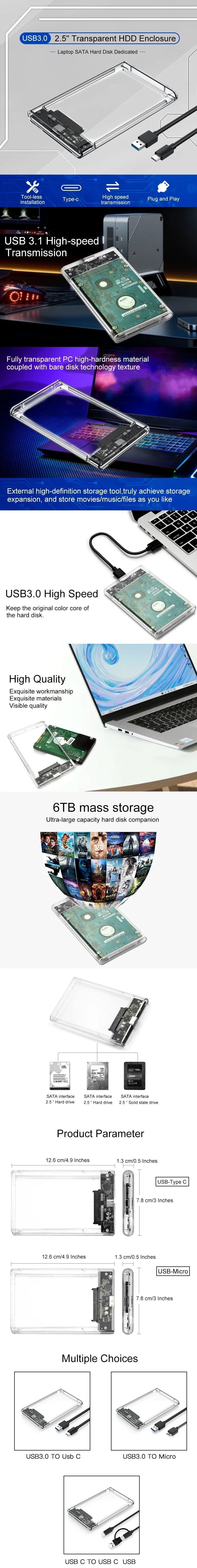 Transparent 2.5 Inch SATA Hard Drive Enclosure, USB3.0/3.1 5Gbps High Speed Portable External HDD SSD Storage Case