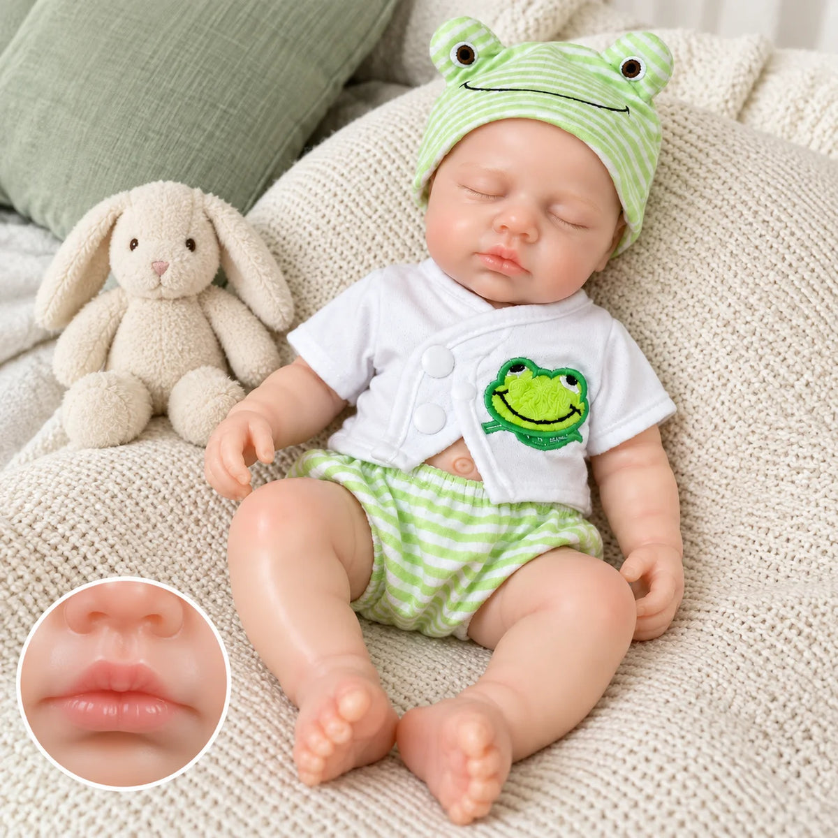 12 Inch Lifelike Sleeping RebornSilicone Baby Doll Cute Frog Outfit Realistic Newborn Doll Collectible Toy Gift