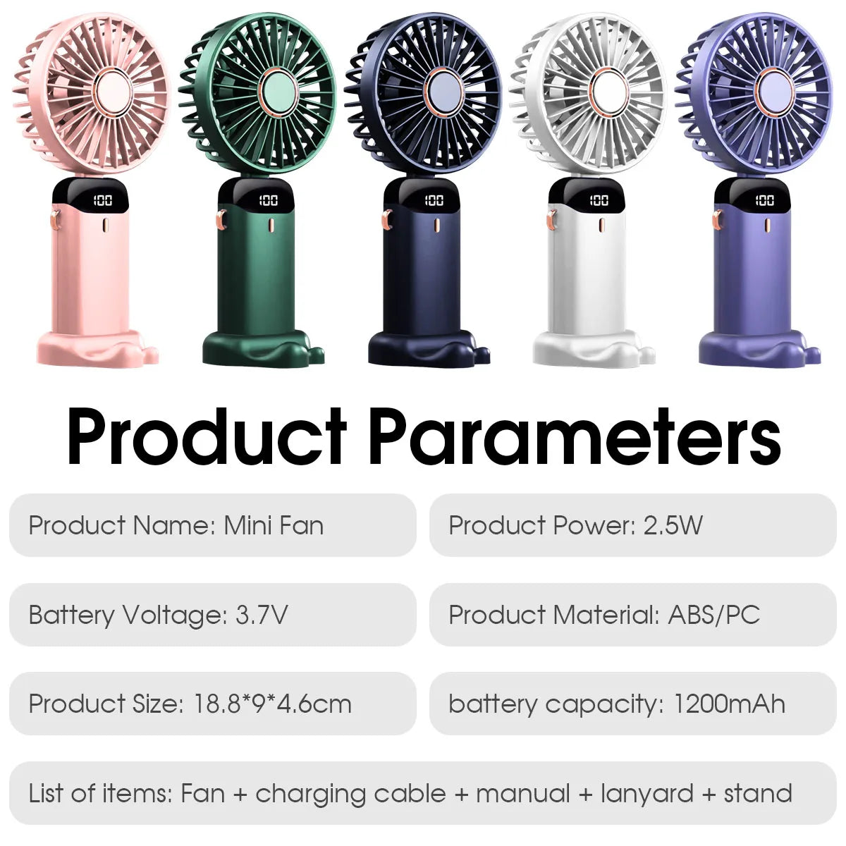 🌬️ Ventilador Portátil Recargable USB Plegable 🔋 5 Velocidades | 📱 Soporte para Celular | 🔢 Pantalla Digital | 🎒 Diseño de Mano y Colgante para el Cuello