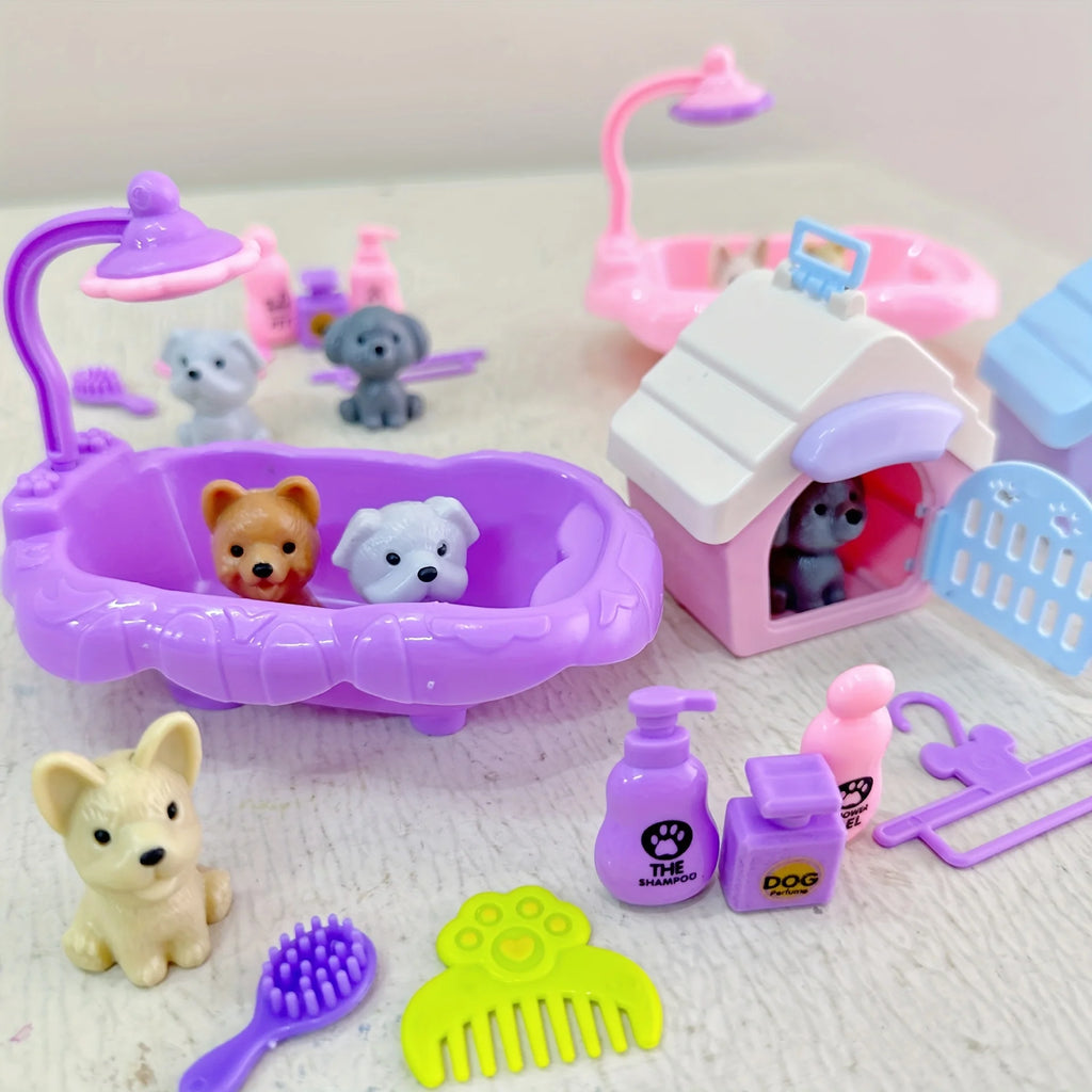 Cute Dog Pet Basket Family Toys Dog Doll Set Cage Toys Scene Playing Toys Christmas Decoration Thanksgiving Gifts Color Randomly